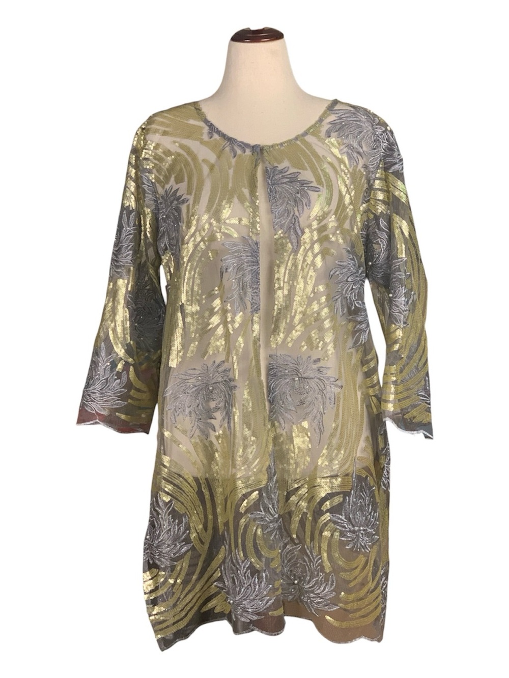 Midnight Velvets Gray Sheer‎ Tulle Midi Jacket Duster Embroidered Beaded Size XL